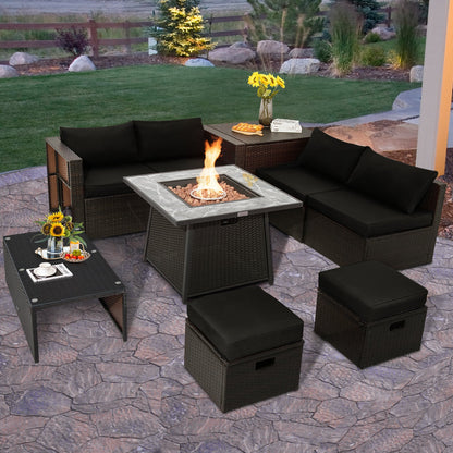 DirectDeals 9-Piece PE Wicker Sectional Set with 50,000 BTU Fire Pit
