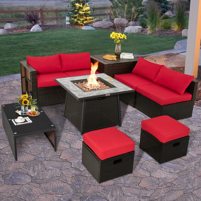 DirectDeals 9-Piece PE Wicker Sectional Set with 50,000 BTU Fire Pit