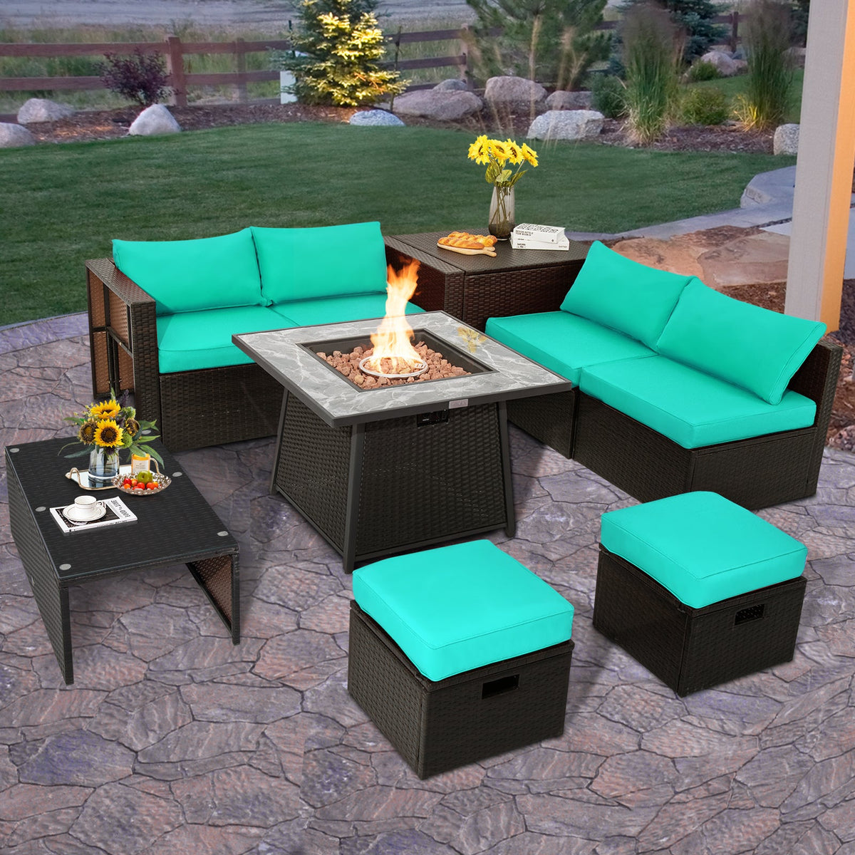 DirectDeals 9-Piece PE Wicker Sectional Set with 50,000 BTU Fire Pit