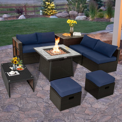 DirectDeals 9-Piece PE Wicker Sectional Set with 50,000 BTU Fire Pit