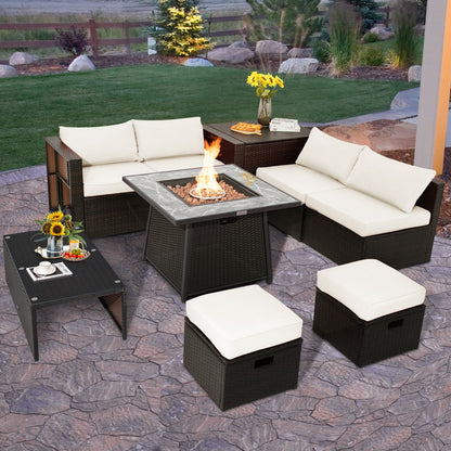 DirectDeals 9-Piece PE Wicker Sectional Set with 50,000 BTU Fire Pit