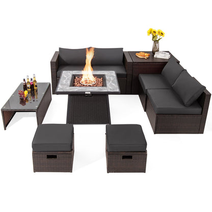 DirectDeals 9-Piece PE Wicker Sectional Set with 50,000 BTU Fire Pit
