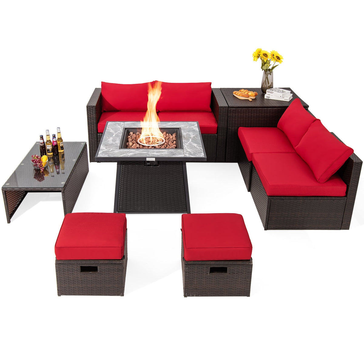 DirectDeals 9-Piece PE Wicker Sectional Set with 50,000 BTU Fire Pit