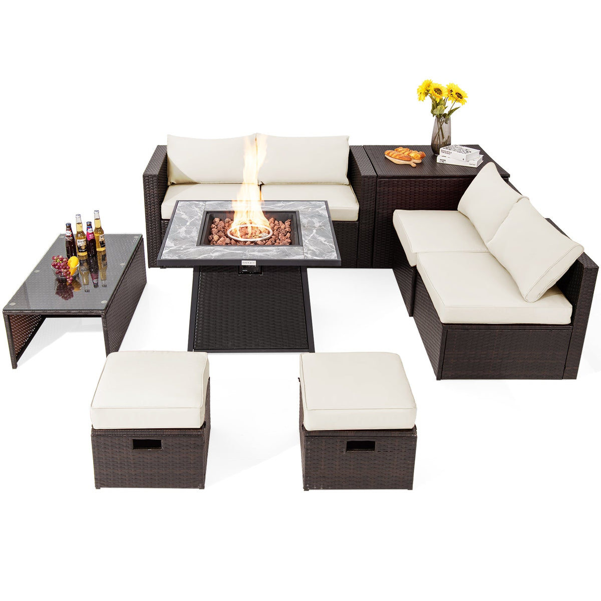 DirectDeals 9-Piece PE Wicker Sectional Set with 50,000 BTU Fire Pit