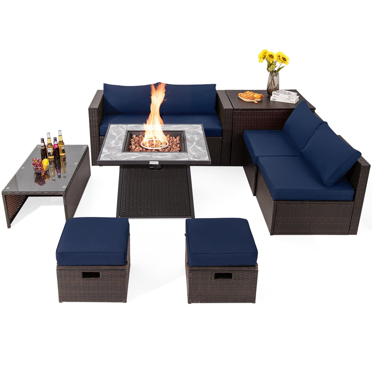 DirectDeals 9-Piece PE Wicker Sectional Set with 50,000 BTU Fire Pit