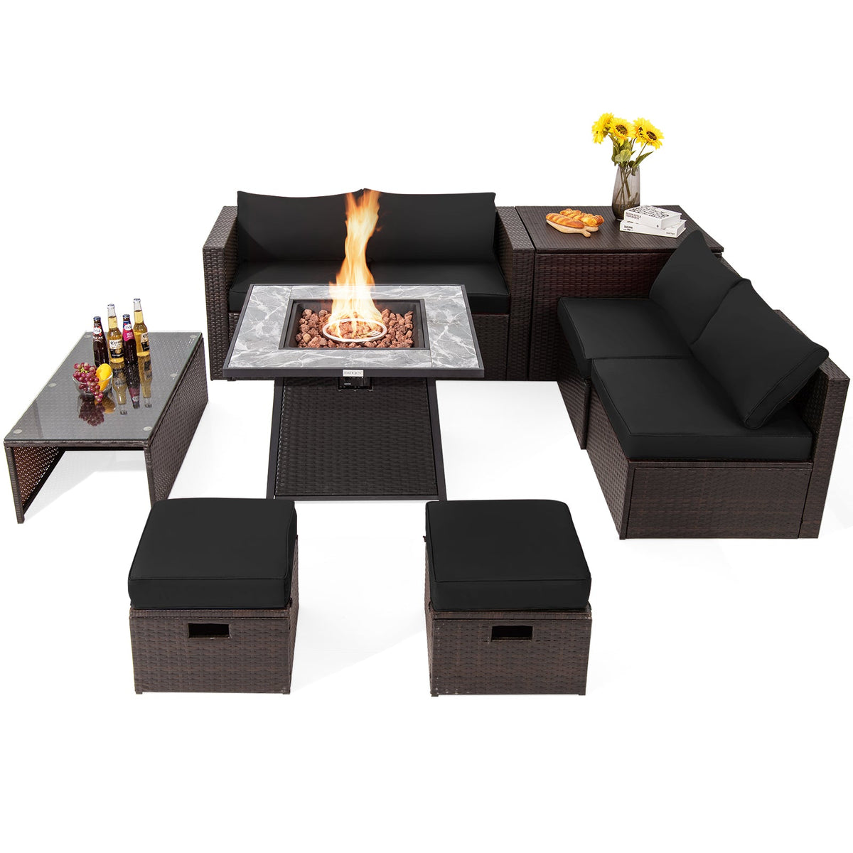 DirectDeals 9-Piece PE Wicker Sectional Set with 50,000 BTU Fire Pit
