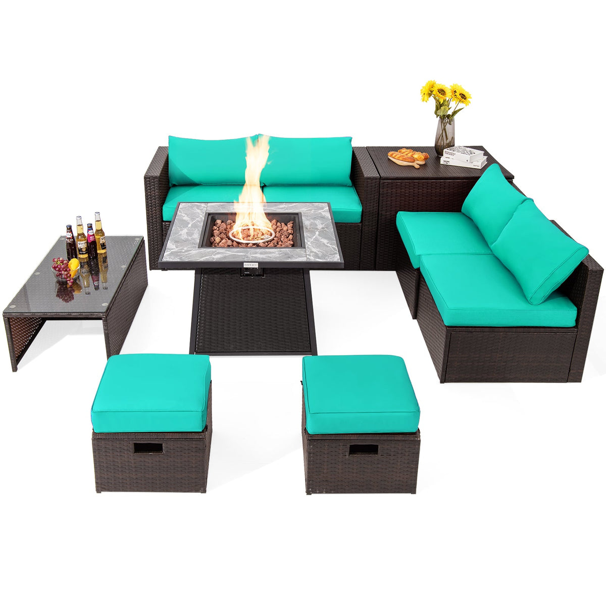 DirectDeals 9-Piece PE Wicker Sectional Set with 50,000 BTU Fire Pit