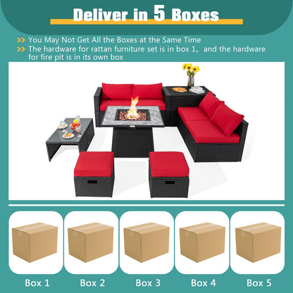 DirectDeals 9-Piece PE Wicker Sectional Set with 50,000 BTU Fire Pit