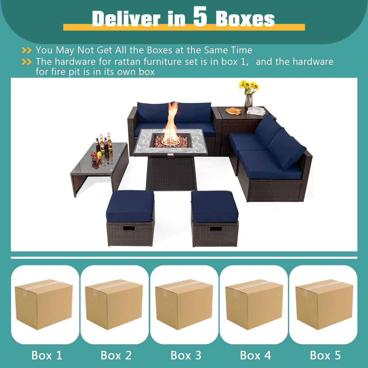 DirectDeals 9-Piece PE Wicker Sectional Set with 50,000 BTU Fire Pit