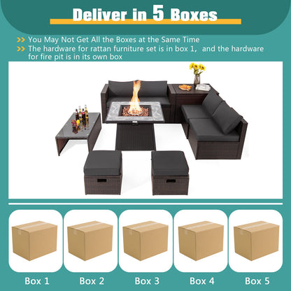 DirectDeals 9-Piece PE Wicker Sectional Set with 50,000 BTU Fire Pit
