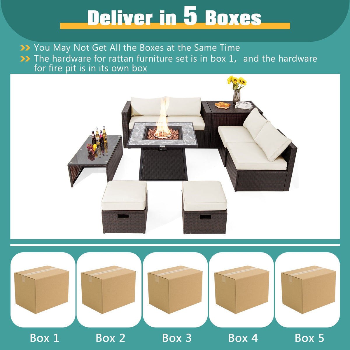 DirectDeals 9-Piece PE Wicker Sectional Set with 50,000 BTU Fire Pit