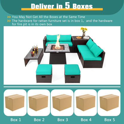 DirectDeals 9-Piece PE Wicker Sectional Set with 50,000 BTU Fire Pit