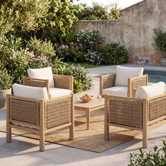 4-Piece Acacia Wood & Handwoven Rattan Outdoor Armchair Set