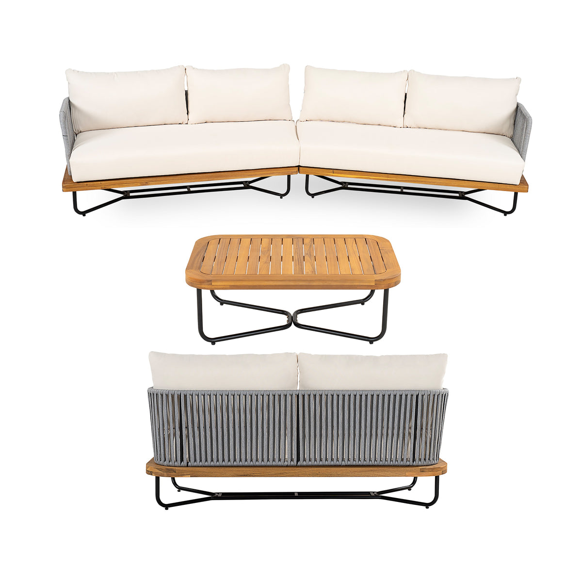 Lucca Acacia Wood & Woven Rope Outdoor Conversation Set - Seating 6