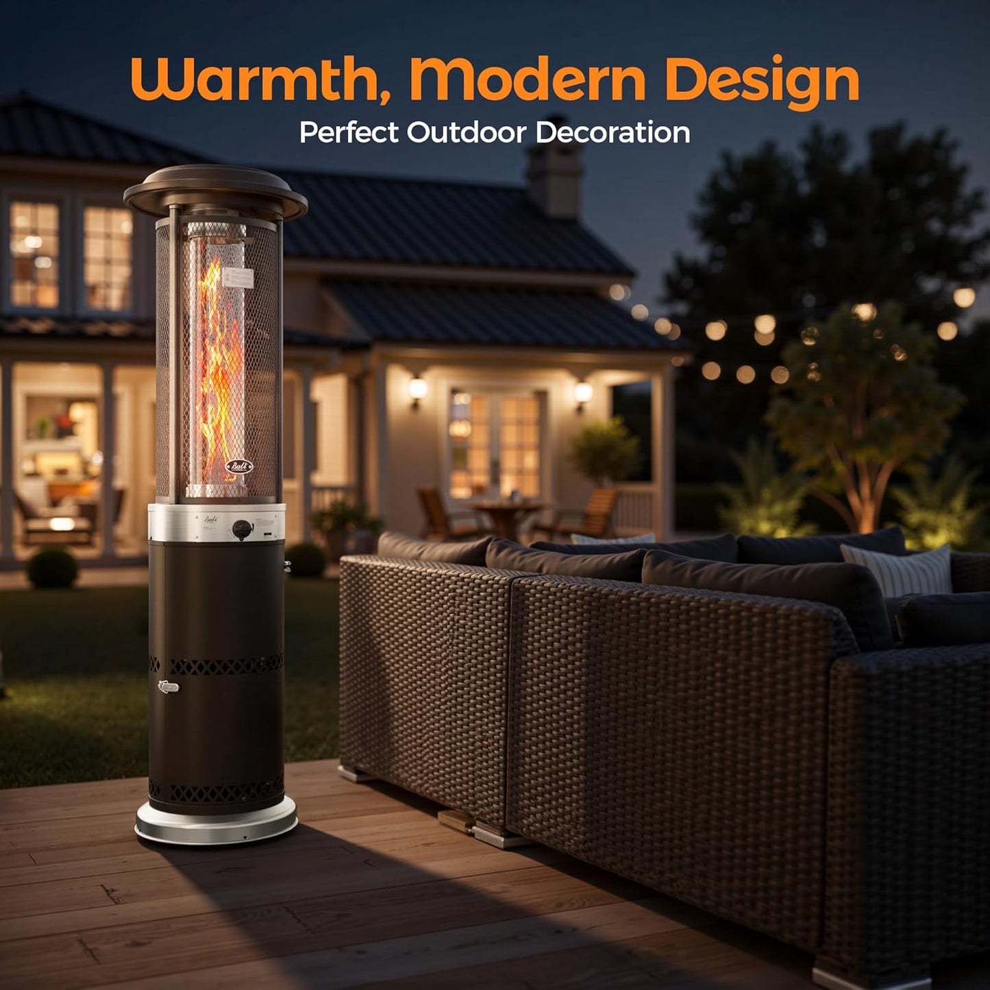 Propane Patio Heater, Stainless Steel Standing, 36,000 Btus Portable Commercial Outdoor Gas Patio Heater with Glass Tube for Deck, Garden and Porch, Brown