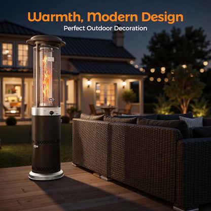 Propane Patio Heater, Stainless Steel Standing, 36,000 Btus Portable Commercial Outdoor Gas Patio Heater with Glass Tube for Deck, Garden and Porch, Brown
