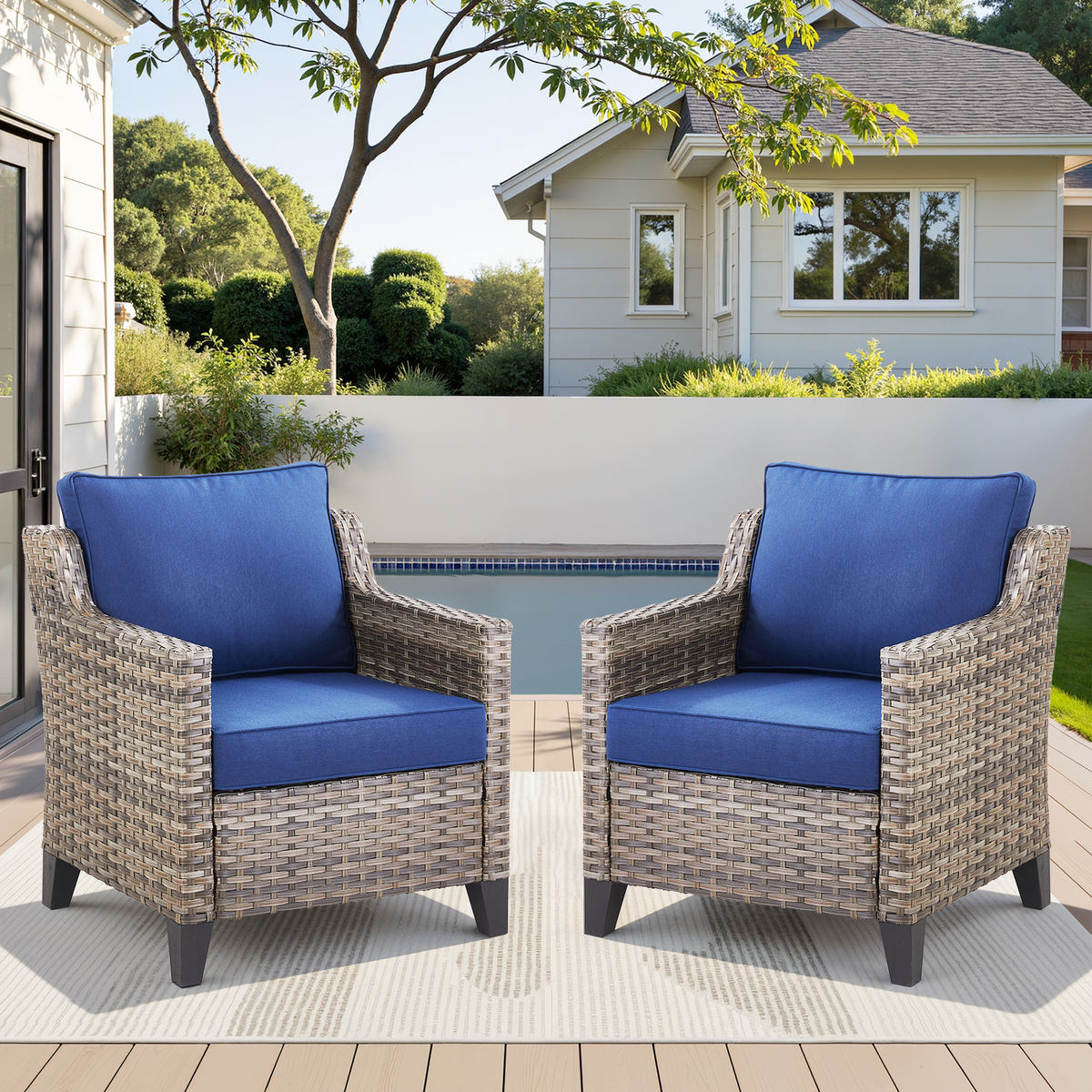 Set of 2 PE Wicker Outdoor Patio Armchairs with 4" Olefin Cushions