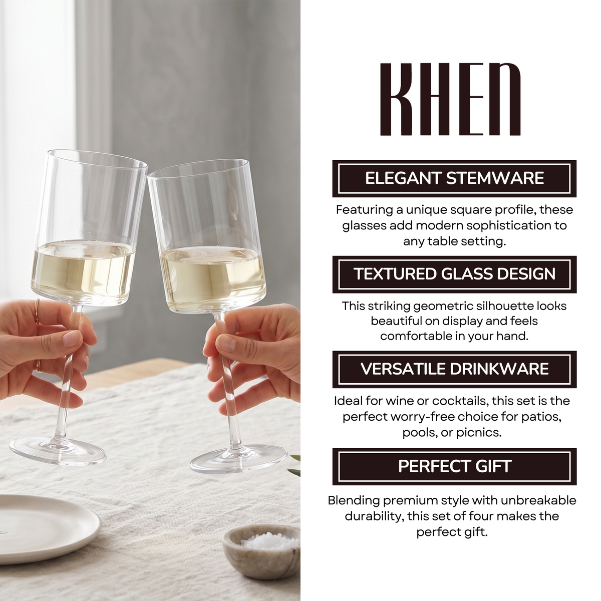 Barcelona Acrylic Stemmed Square Wine Glasses, Set of 4