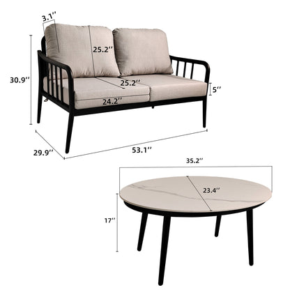 2-Piece Modern Aluminum Outdoor Loveseat & Oval Coffee Table Set with Sunbrella® Cushions – Ember Black