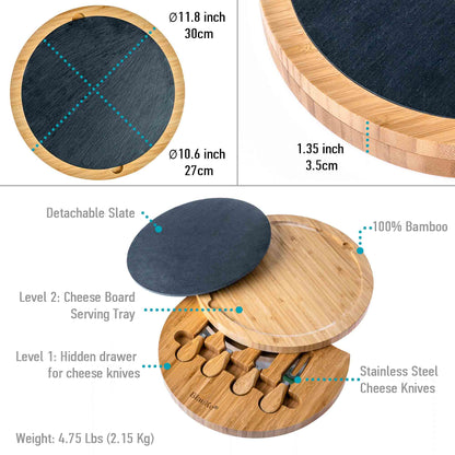 BlauKe 12" Swivel Bamboo Charcuterie Cheese Board & Knife Set
