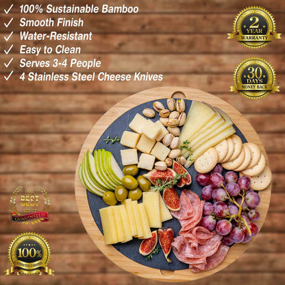 BlauKe 12" Swivel Bamboo Charcuterie Cheese Board & Knife Set