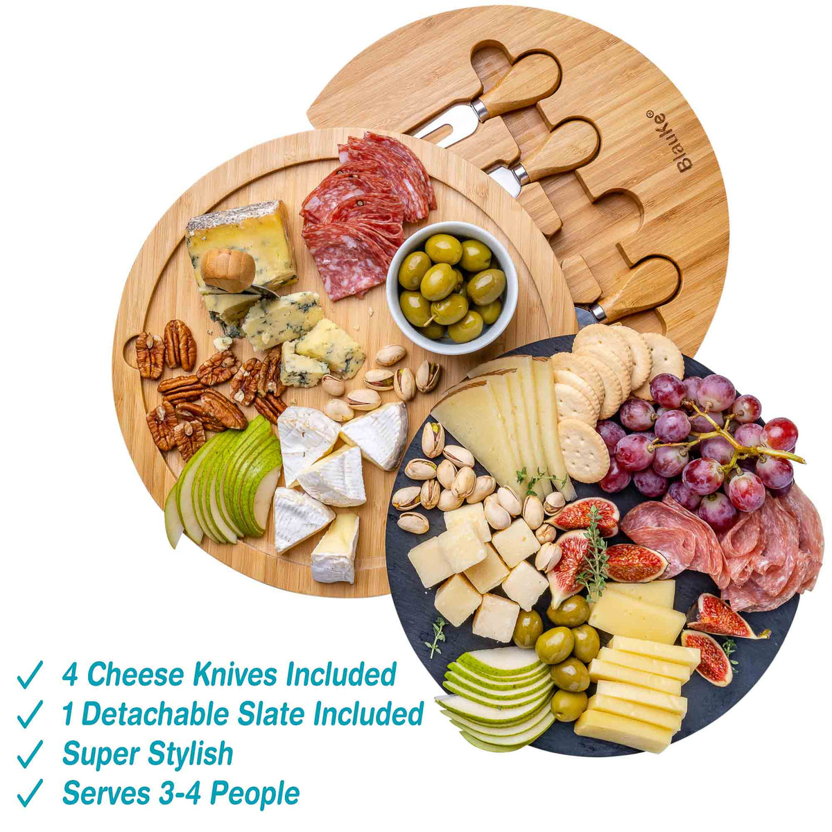 BlauKe 12" Swivel Bamboo Charcuterie Cheese Board & Knife Set