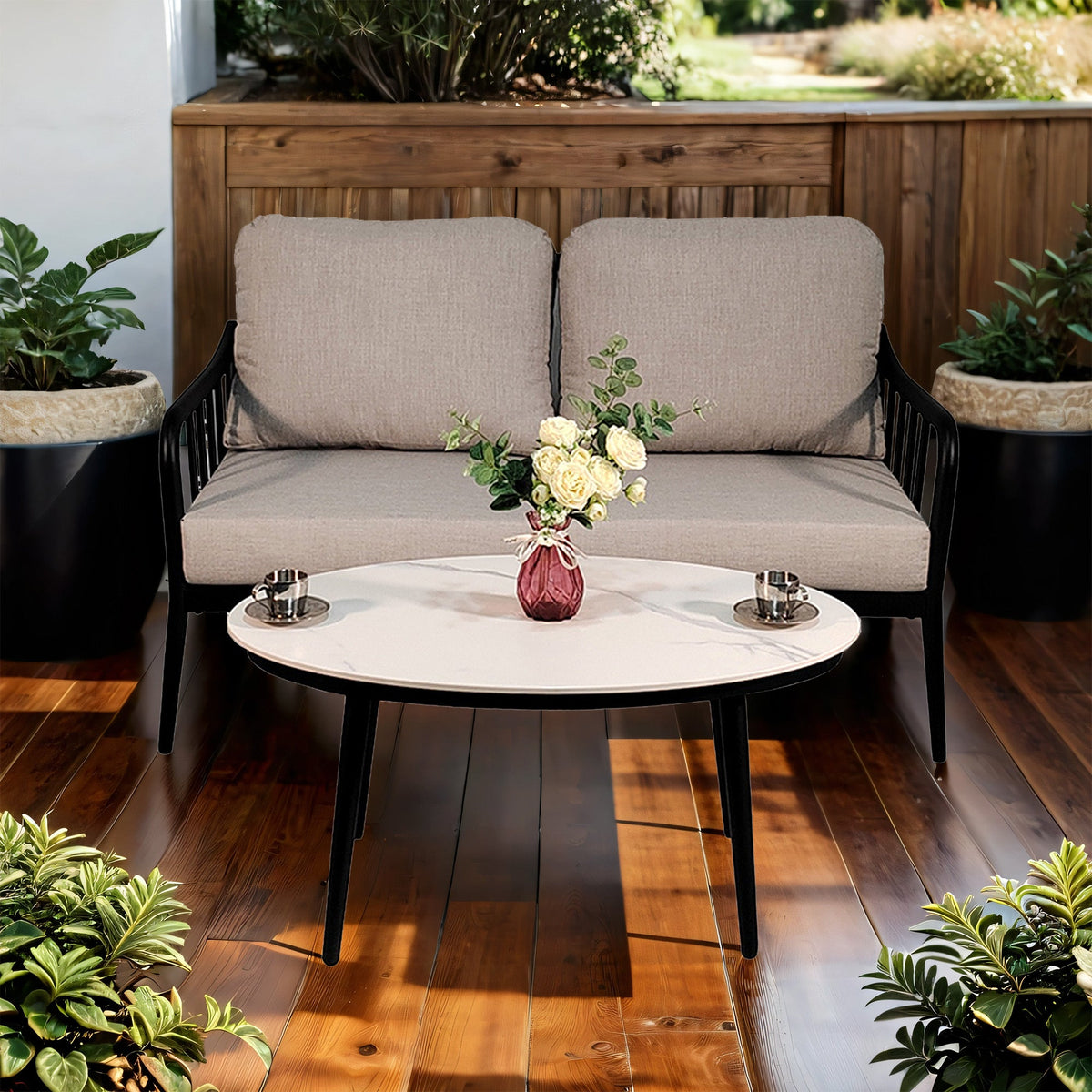 2-Piece Modern Aluminum Outdoor Loveseat & Oval Coffee Table Set with Sunbrella® Cushions – Ember Black