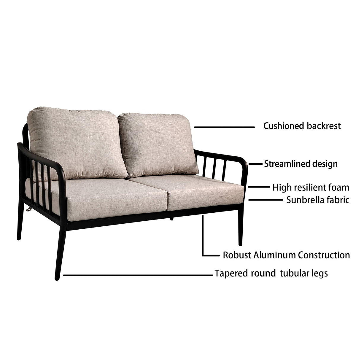 2-Piece Modern Aluminum Outdoor Loveseat & Oval Coffee Table Set with Sunbrella® Cushions – Ember Black