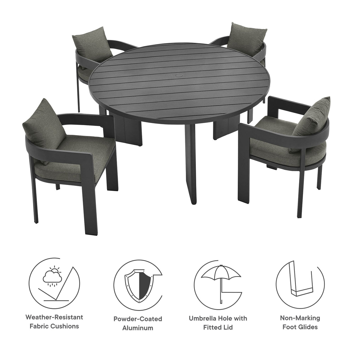 Modway Tahoe 5-Piece Outdoor Aluminum Dining Set – 59" Round Table