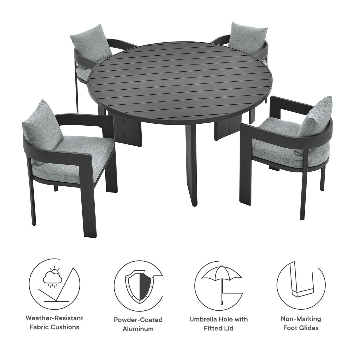 Modway Tahoe 5-Piece Outdoor Aluminum Dining Set – 59" Round Table