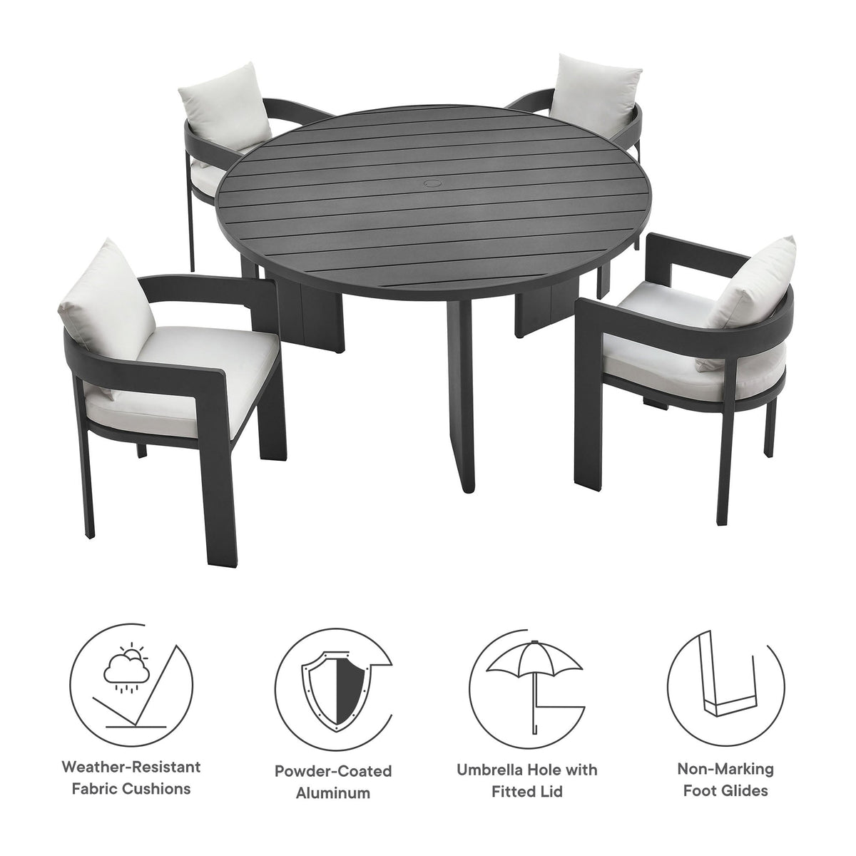 Modway Tahoe 5-Piece Outdoor Aluminum Dining Set – 59" Round Table