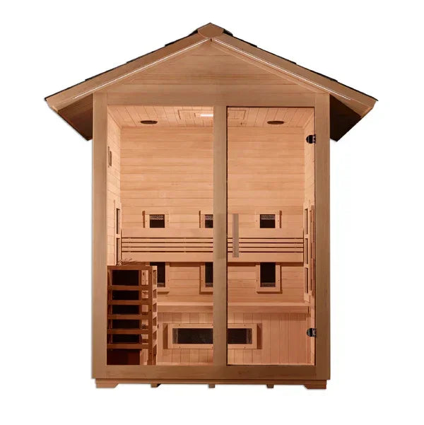 Golden Designs Carinthia 3-Person Hybrid Outdoor Sauna – PureTech™ Full Spectrum Infrared + Harvia Traditional Stove | GDI-8123-01