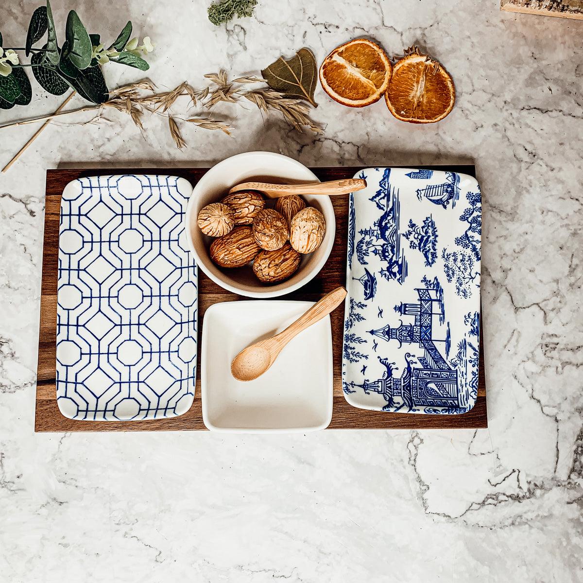 7-Piece Porcelain Serving Set with Acacia Wood Tray