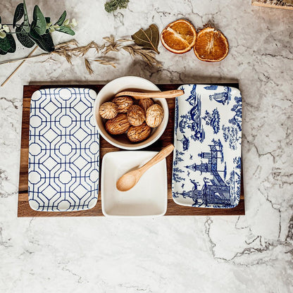 7-Piece Porcelain Serving Set with Acacia Wood Tray