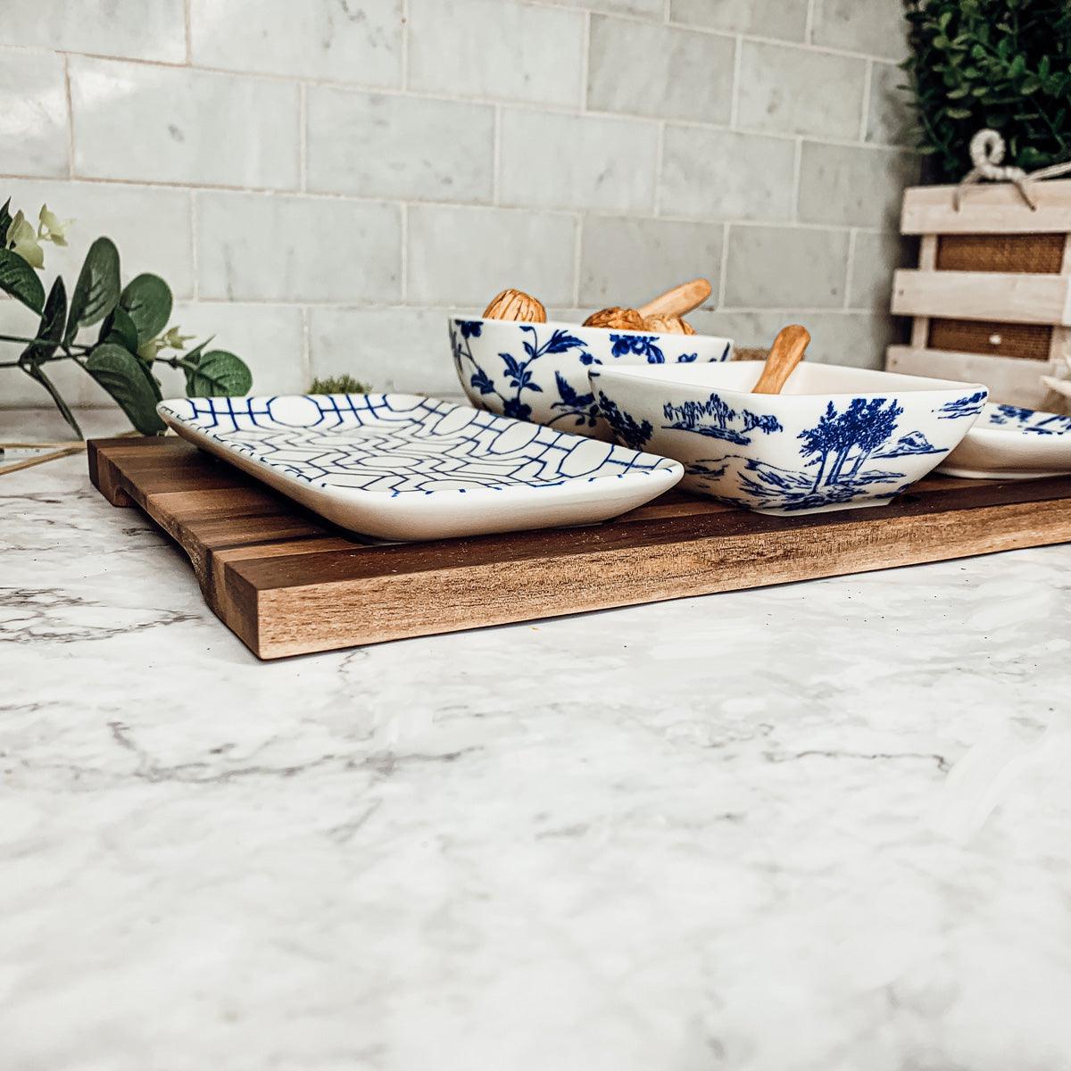 7-Piece Porcelain Serving Set with Acacia Wood Tray