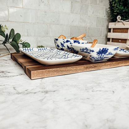7-Piece Porcelain Serving Set with Acacia Wood Tray