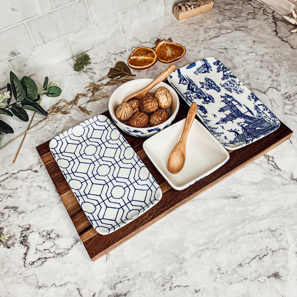 7-Piece Porcelain Serving Set with Acacia Wood Tray