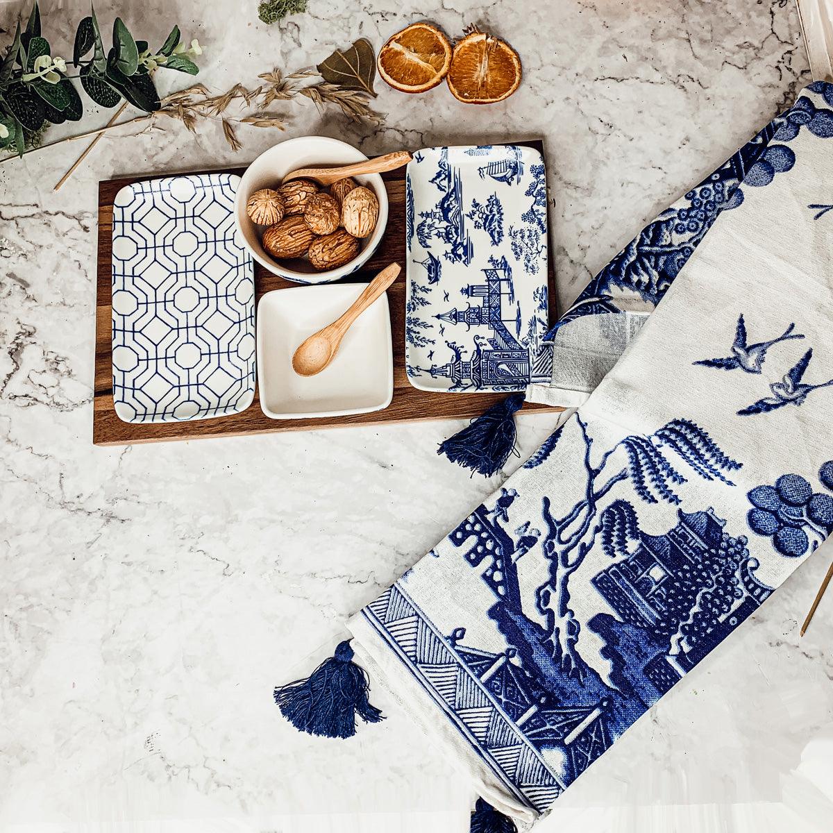 7-Piece Porcelain Serving Set with Acacia Wood Tray