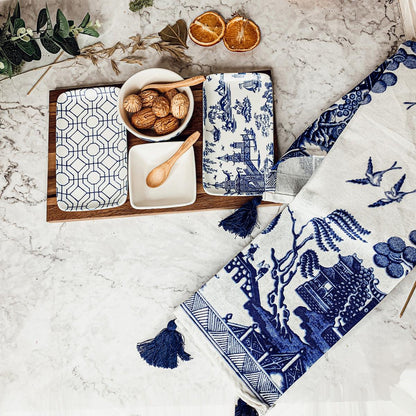 7-Piece Porcelain Serving Set with Acacia Wood Tray