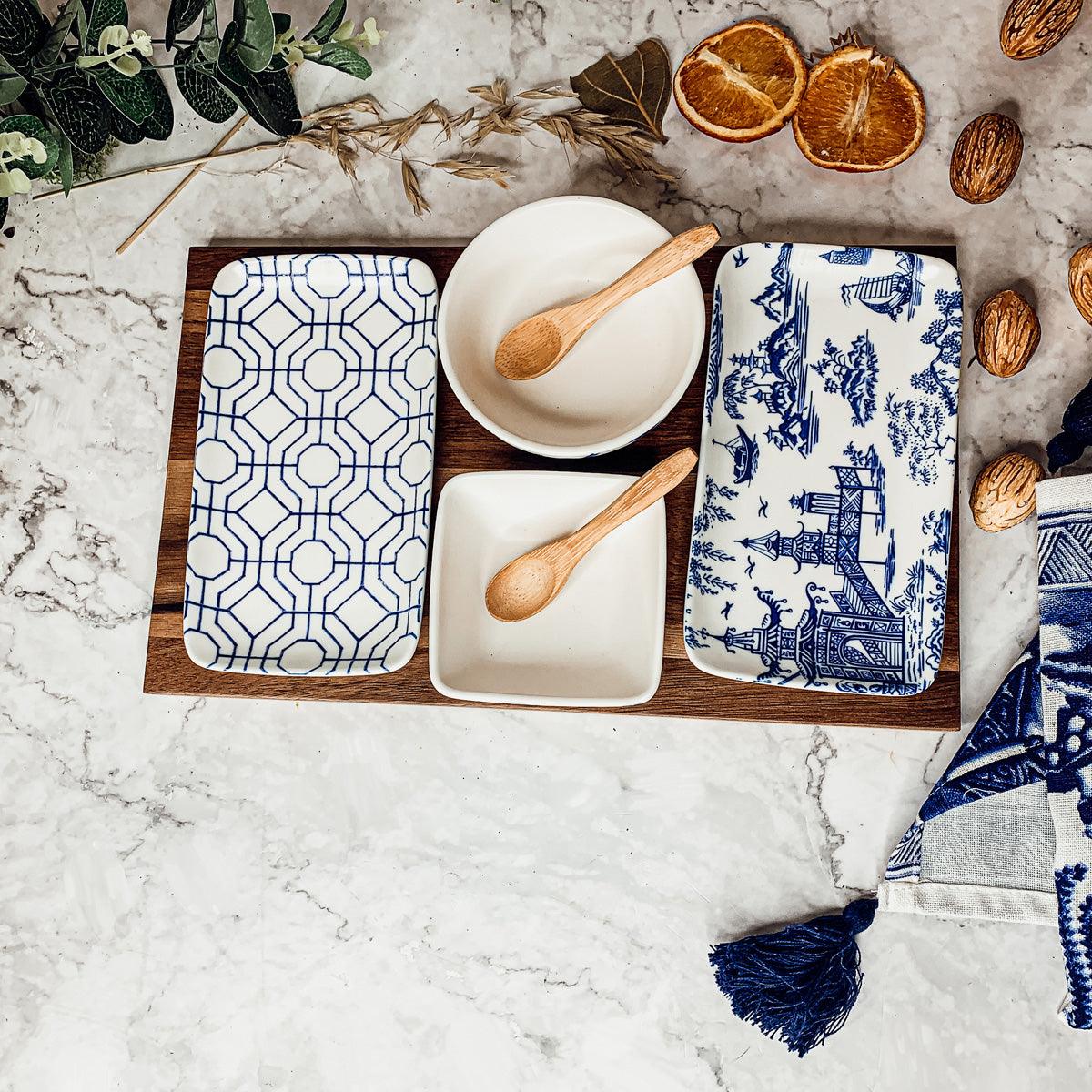 7-Piece Porcelain Serving Set with Acacia Wood Tray