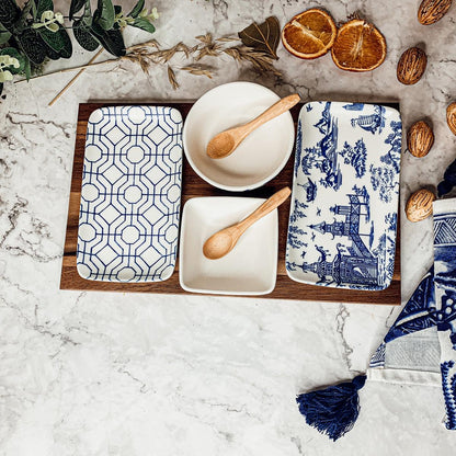 7-Piece Porcelain Serving Set with Acacia Wood Tray