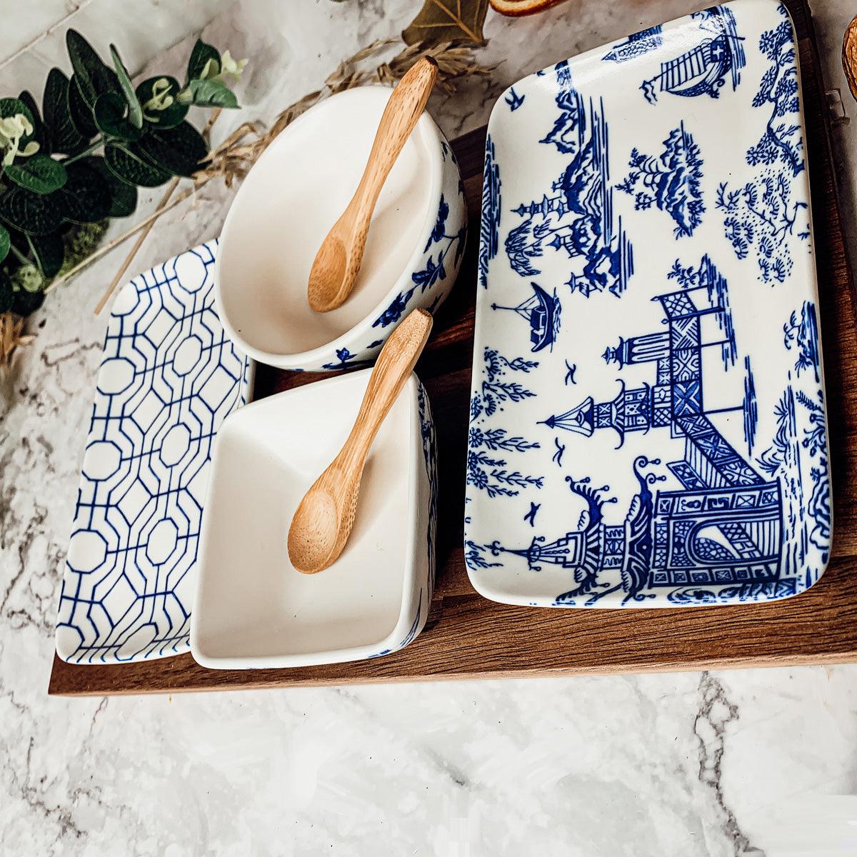 7-Piece Porcelain Serving Set with Acacia Wood Tray