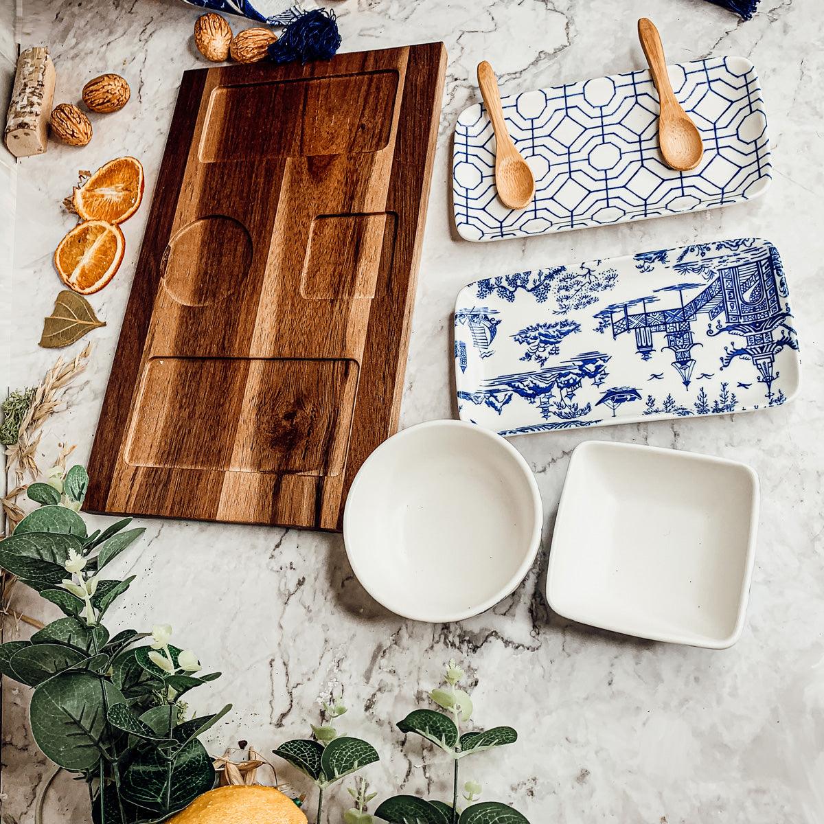 7-Piece Porcelain Serving Set with Acacia Wood Tray