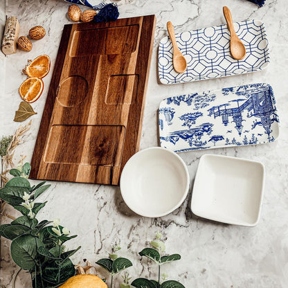 7-Piece Porcelain Serving Set with Acacia Wood Tray
