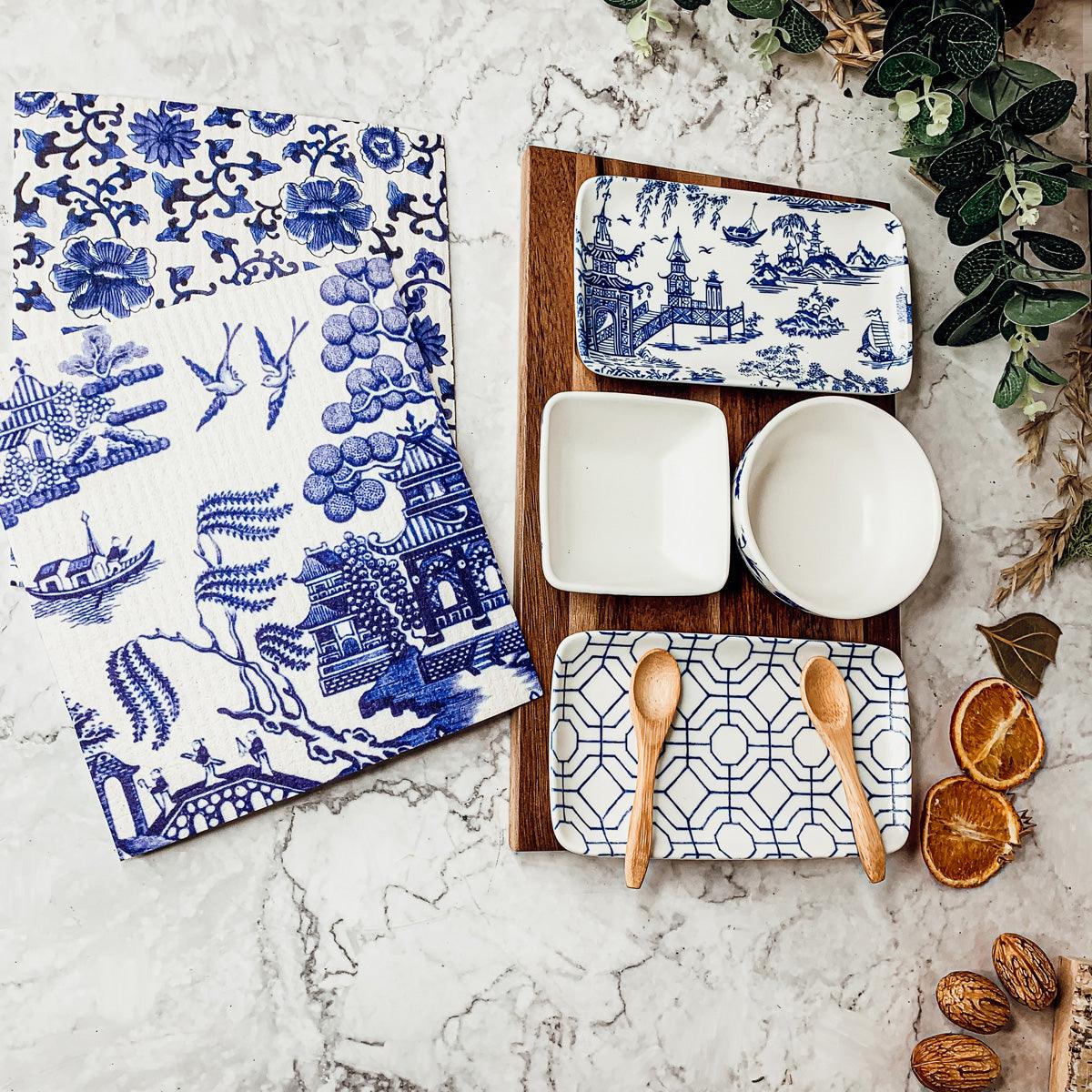 7-Piece Porcelain Serving Set with Acacia Wood Tray