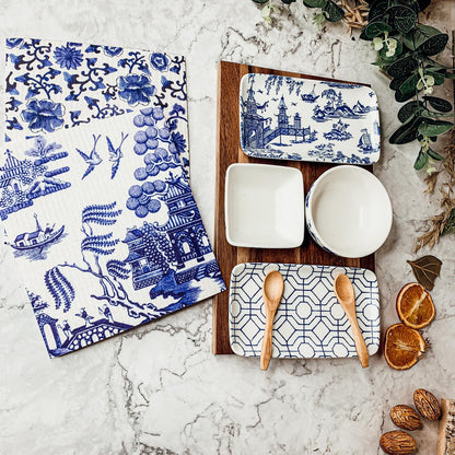 7-Piece Porcelain Serving Set with Acacia Wood Tray