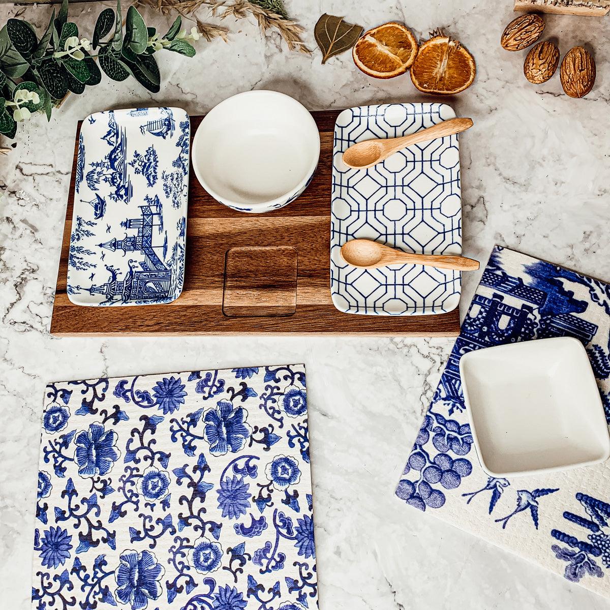 7-Piece Porcelain Serving Set with Acacia Wood Tray