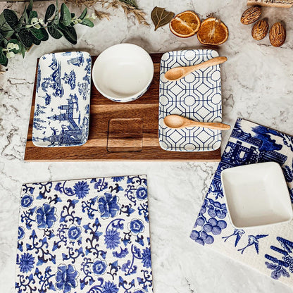 7-Piece Porcelain Serving Set with Acacia Wood Tray