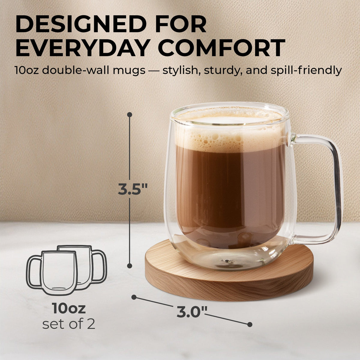10 oz Double-Wall Borosilicate Glass Mugs – Set of 2