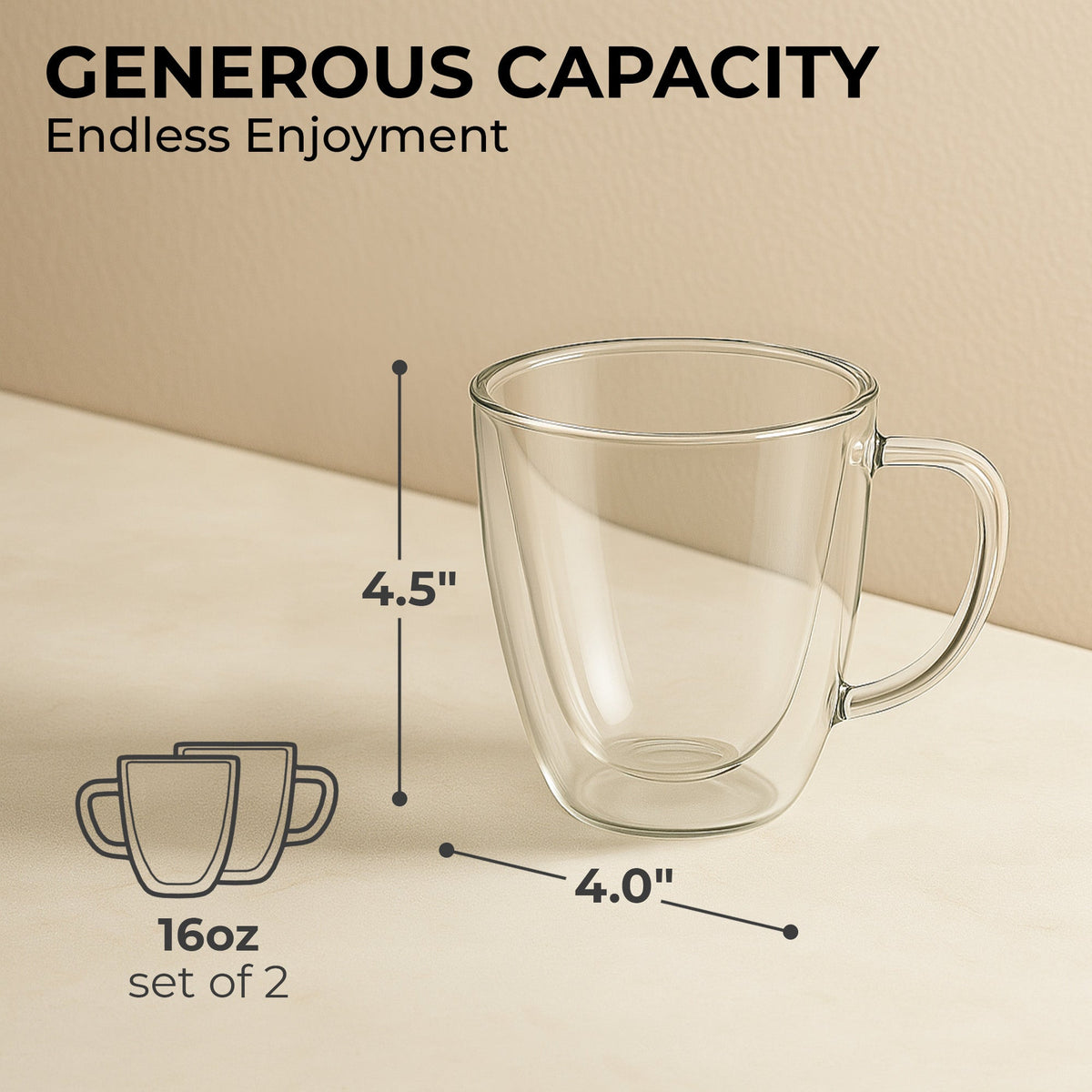 16 oz Double-Wall Borosilicate Glass Mugs – Set of 2